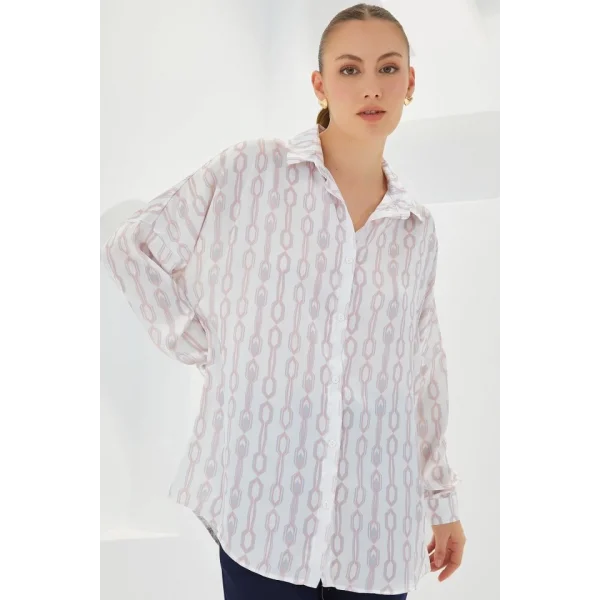 Pudra Beyaz Desenli Oversize Saten Gömlek 3985