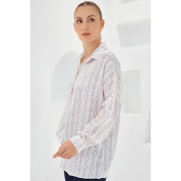 Pudra Beyaz Desenli Oversize Saten Gömlek 3985