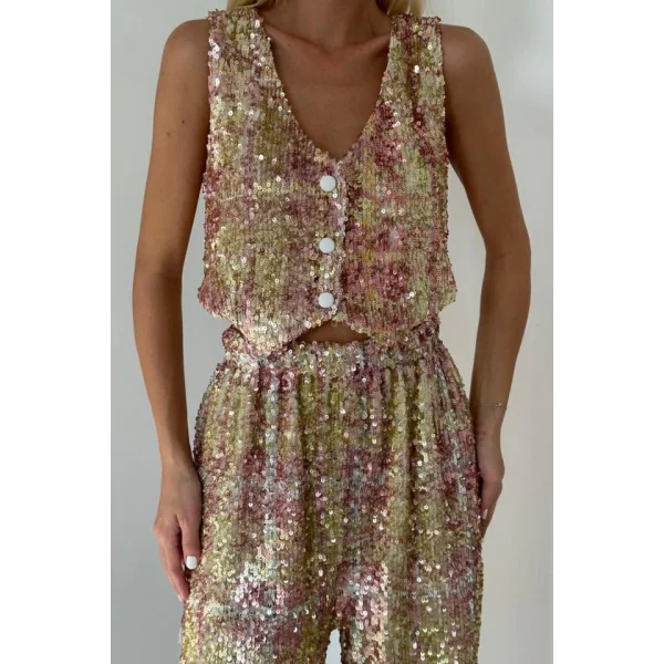 Pudra Pullu Yelek Ve Pantolon Takım