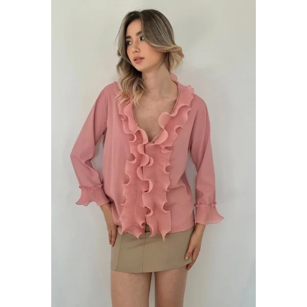 Pudra Yakası Volanlı Gömlek