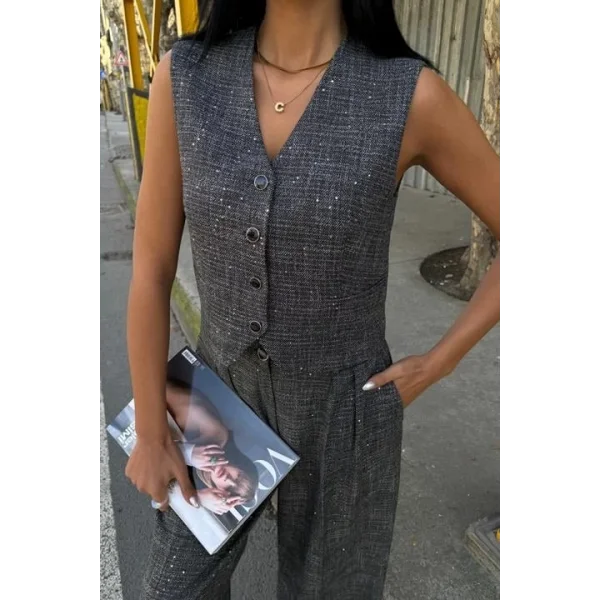 Pul Payetli Ve Simli Yelekli Takım 10088