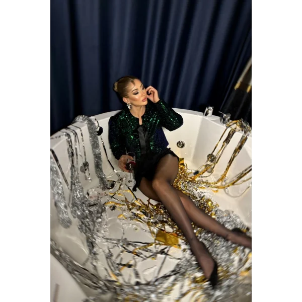 PULLU CROP BLUZ KURDELE BAĞLAMA DETAYLI - Yeşil