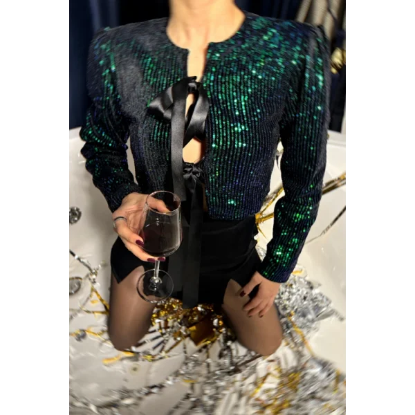 PULLU CROP BLUZ KURDELE BAĞLAMA DETAYLI - Yeşil