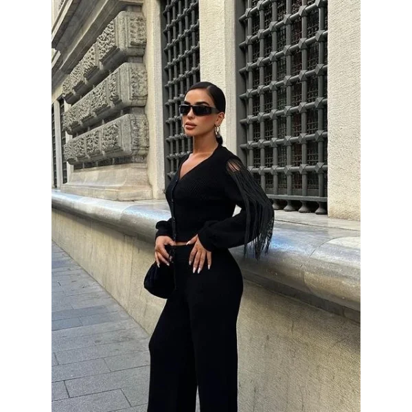 Püskül Detaylı Hırka Pantolon Triko Takım 9967