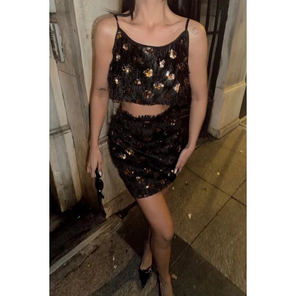 PÜSKÜL PAYET CROP BLUZ-KISA ETEK TAKIM - Gold