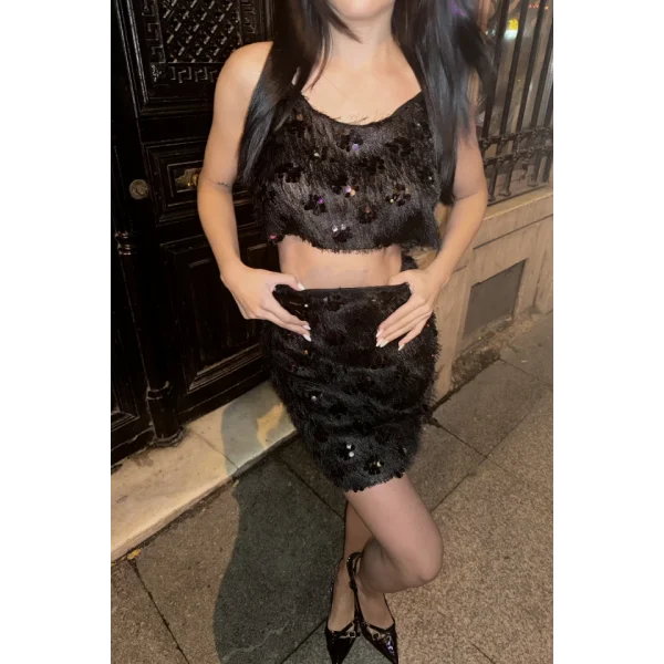 PÜSKÜL PAYET CROP BLUZ-KISA ETEK TAKIM - Siyah