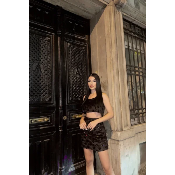 PÜSKÜL PAYET CROP BLUZ-KISA ETEK TAKIM - Siyah