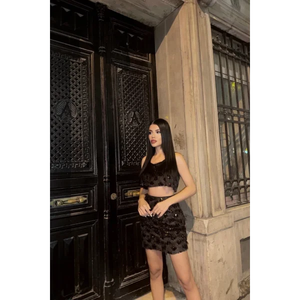 PÜSKÜL PAYET CROP BLUZ-KISA ETEK TAKIM - Siyah