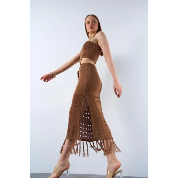 Püsküllü Etekli Takım  Süt Kahve