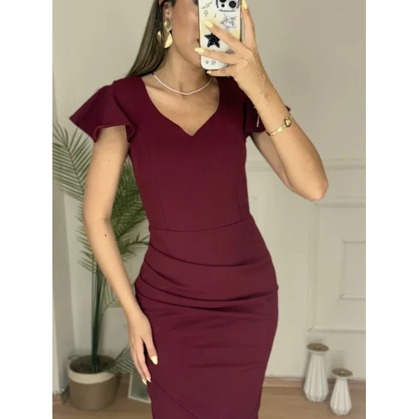 QKadın Kısa Kollu Kalp Yaka Yanlardan Büzgü Detay Midi Janjan Krep Elbise