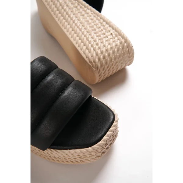 REINA Dolgu Topuklu Ortopedik Taban Hasır Görünümlü Kadın Terlik CKT - Siyah