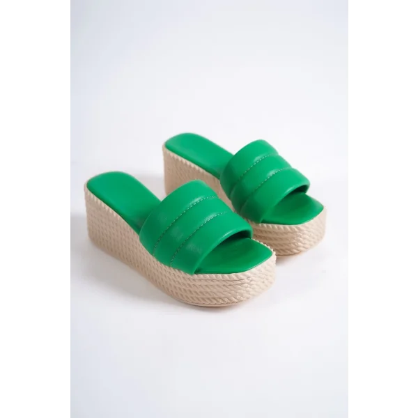 REINA Dolgu Topuklu Ortopedik Taban Hasır Görünümlü Kadın Terlik CKT - Yeşil