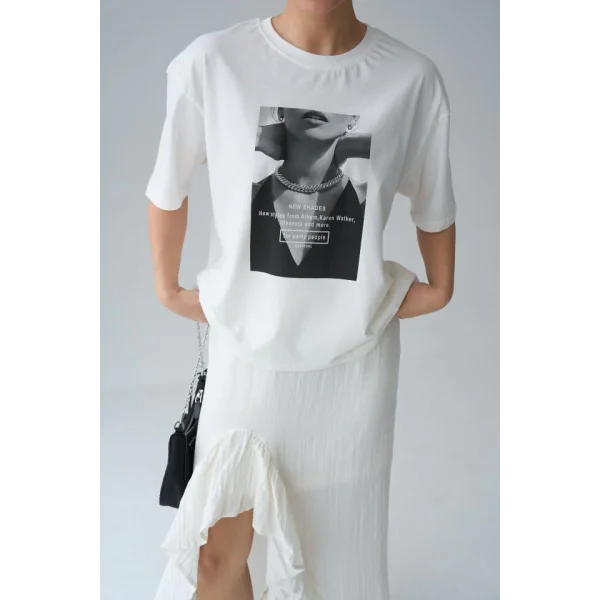 Resim Baskılı T-Shirt - Krem