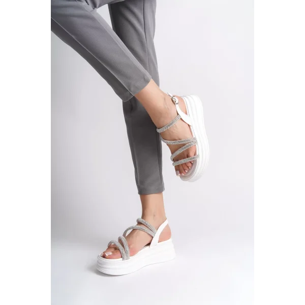 RILEY İnce Tokalı Taşlı Şeritli Ortopedik Taban Kadın Sandalet CBT - Beyaz