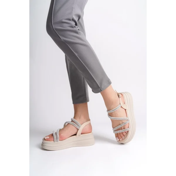 RILEY İnce Tokalı Taşlı Şeritli Ortopedik Taban Kadın Sandalet  CKT - Krem