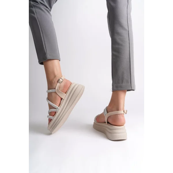 RILEY İnce Tokalı Taşlı Şeritli Ortopedik Taban Kadın Sandalet  CKT - Krem