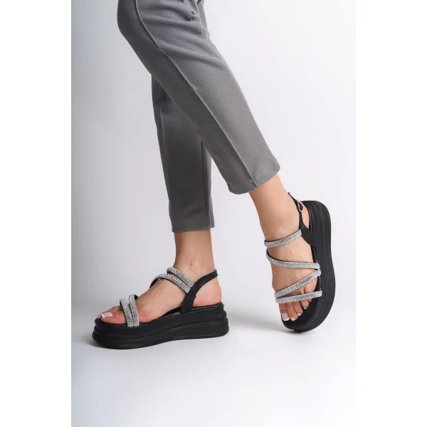 RILEY İnce Tokalı Taşlı Şeritli Ortopedik Taban Kadın Sandalet  CST - Siyah