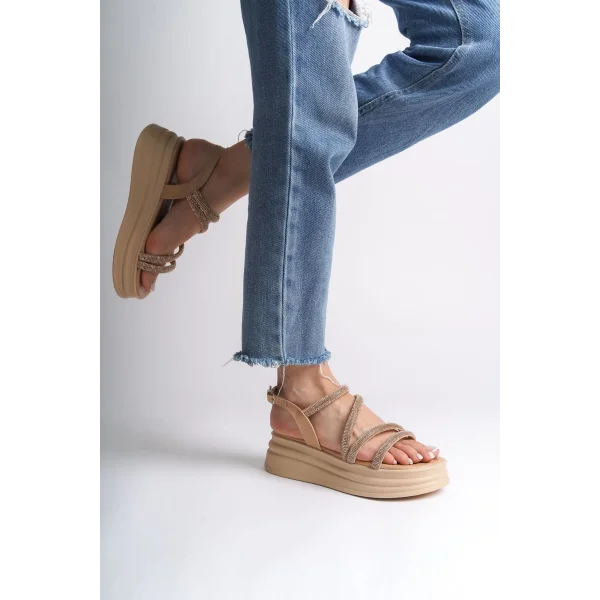 RILEY İnce Tokalı Taşlı Şeritli Ortopedik Taban Kadın Sandalet CTT - Ten