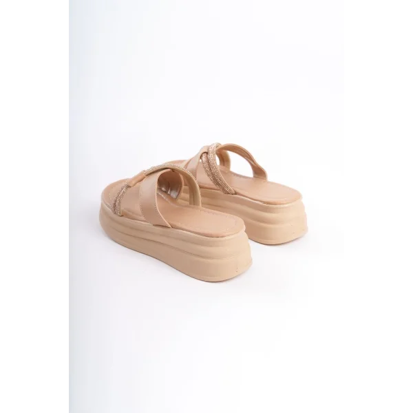 RUBY Düz Topuklu Taşlı Çapraz Şeritli Kalın ve Ortopedik Taban Kadın Terlik  CTT - Ten