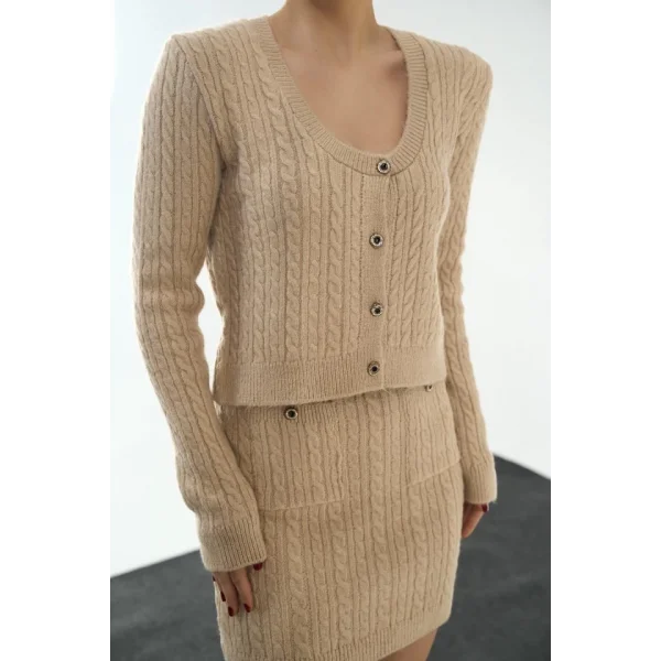 Saç Örgülü Etekli Takım  Bej