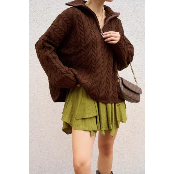 Saç Örgülü Fermuarlı Kazak  Acı Kahve