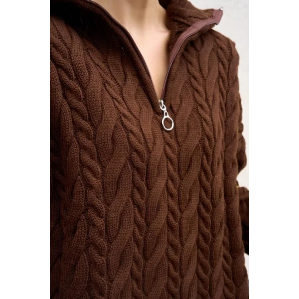 Saç Örgülü Fermuarlı Kazak  Acı Kahve