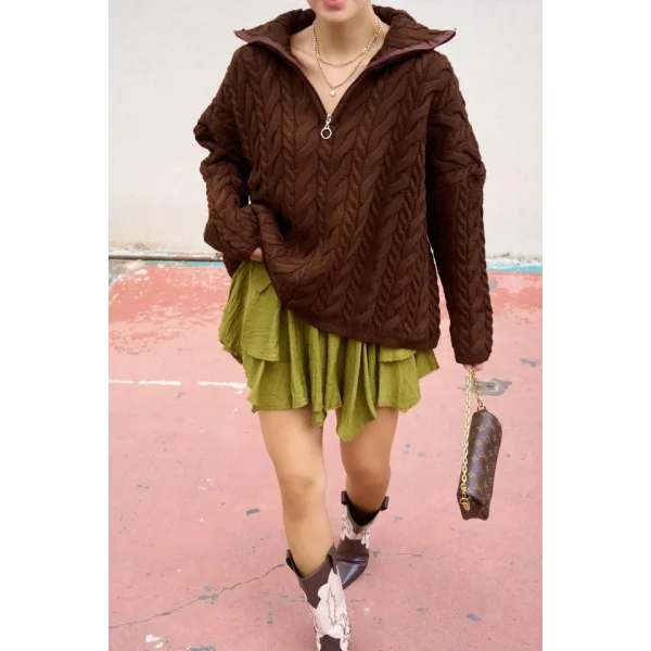 Saç Örgülü Fermuarlı Kazak  Acı Kahve