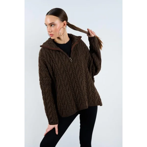 Saç Örgülü Fermuarlı Kazak  KAHVE