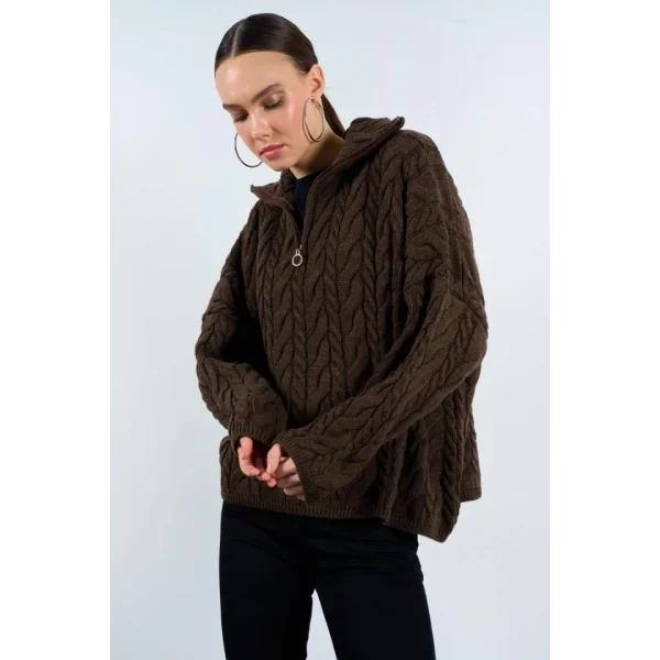 Saç Örgülü Fermuarlı Kazak  KAHVE