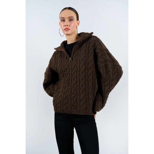 Saç Örgülü Fermuarlı Kazak  KAHVE