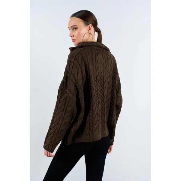 Saç Örgülü Fermuarlı Kazak  KAHVE