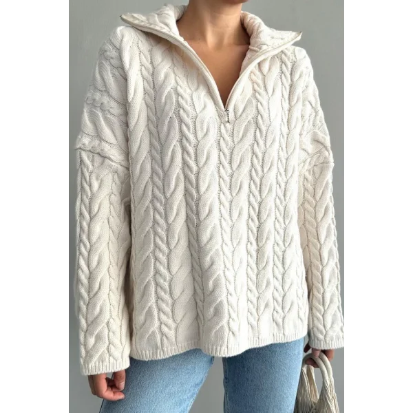 Saç Örgülü Fermuarlı Kazak  Krem