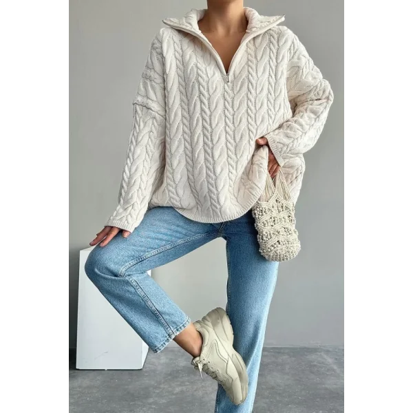 Saç Örgülü Fermuarlı Kazak  Krem