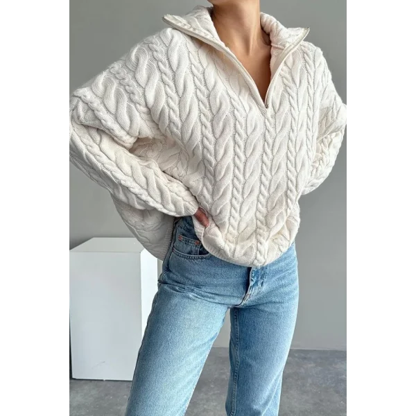 Saç Örgülü Fermuarlı Kazak  Krem