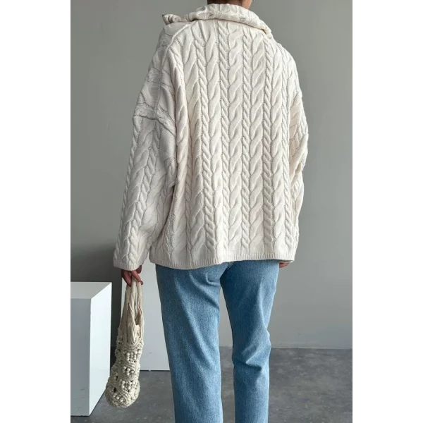 Saç Örgülü Fermuarlı Kazak  Krem