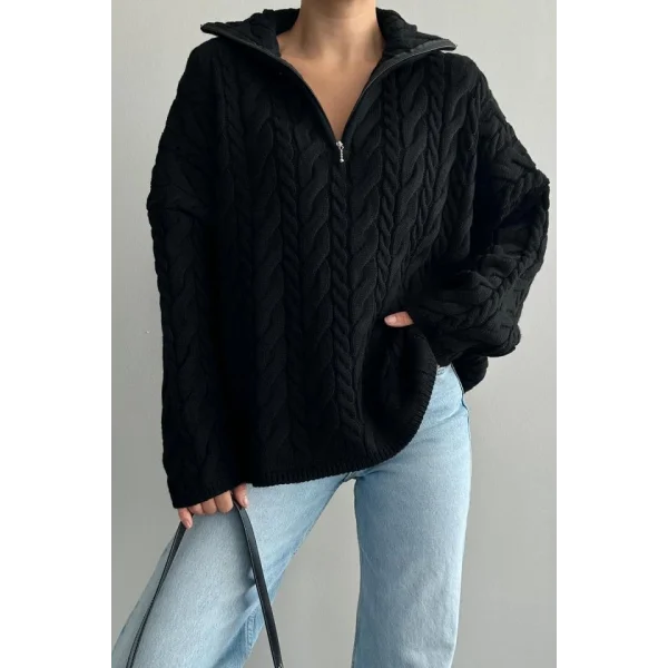 Saç Örgülü Fermuarlı Kazak  Siyah