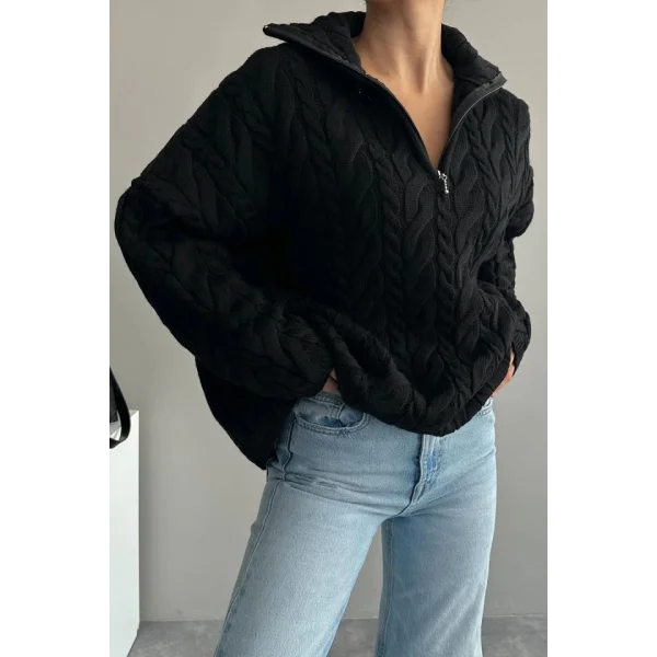 Saç Örgülü Fermuarlı Kazak  Siyah