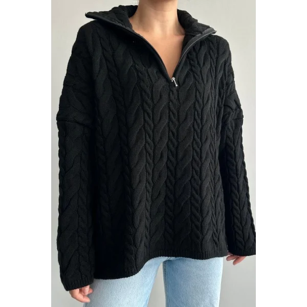 Saç Örgülü Fermuarlı Kazak  Siyah