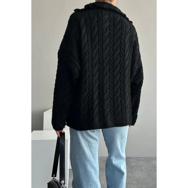 Saç Örgülü Fermuarlı Kazak  Siyah