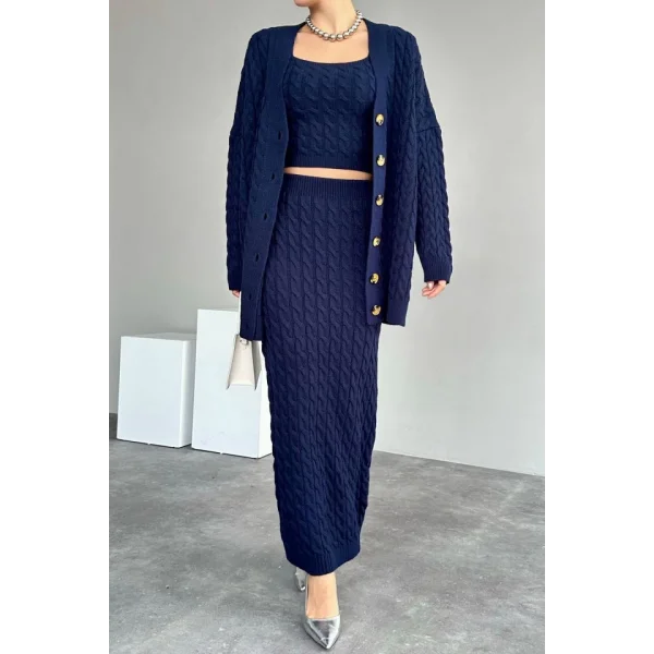 Saç Örgülü Üçlü Takım  Lacivert