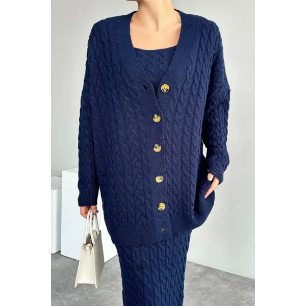 Saç Örgülü Üçlü Takım  Lacivert