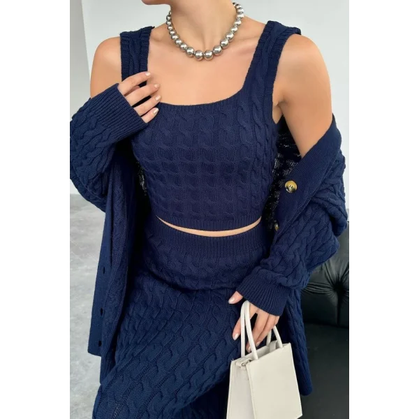 Saç Örgülü Üçlü Takım  Lacivert