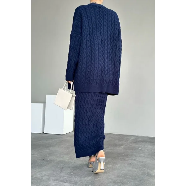 Saç Örgülü Üçlü Takım  Lacivert