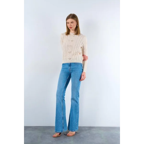 Saçl Örgülü Çiçekli Kazak  Krem