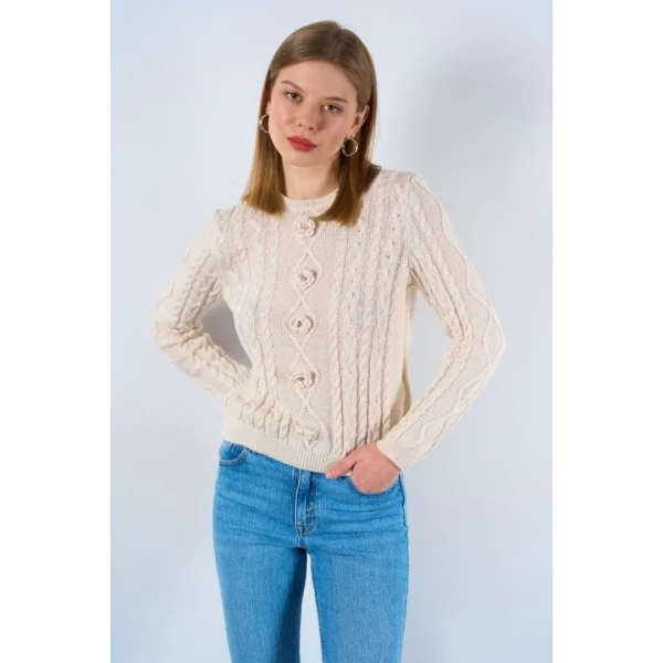 Saçl Örgülü Çiçekli Kazak  Krem