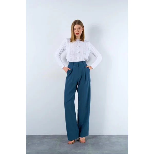 Saçl Örgülü Çiçekli Kazak  Optik Beyaz