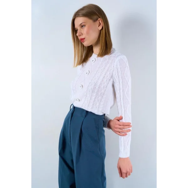 Saçl Örgülü Çiçekli Kazak  Optik Beyaz