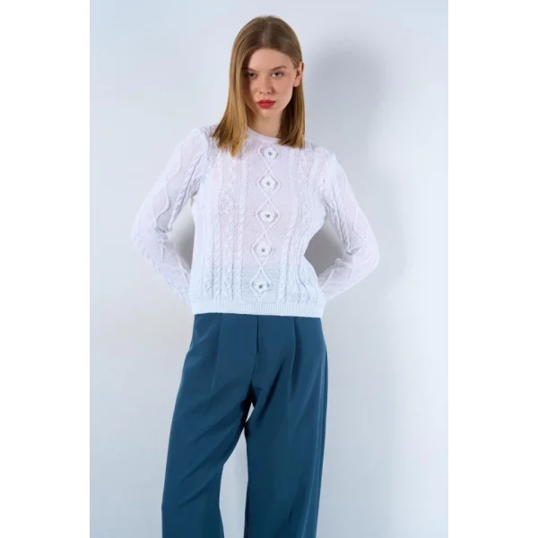 Saçl Örgülü Çiçekli Kazak  Optik Beyaz