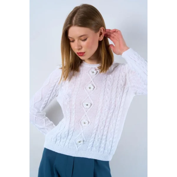 Saçl Örgülü Çiçekli Kazak  Optik Beyaz