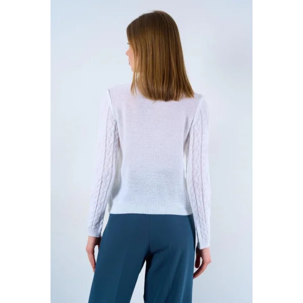 Saçl Örgülü Çiçekli Kazak  Optik Beyaz